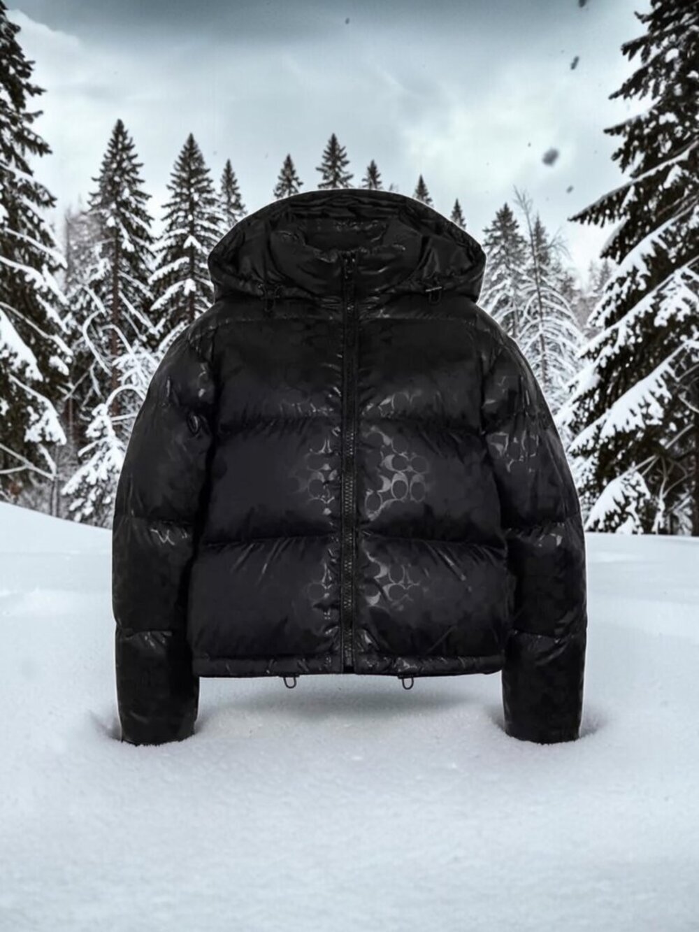 Coach Down Short Puffer Black Glossy Logo Warm Jacket MINT